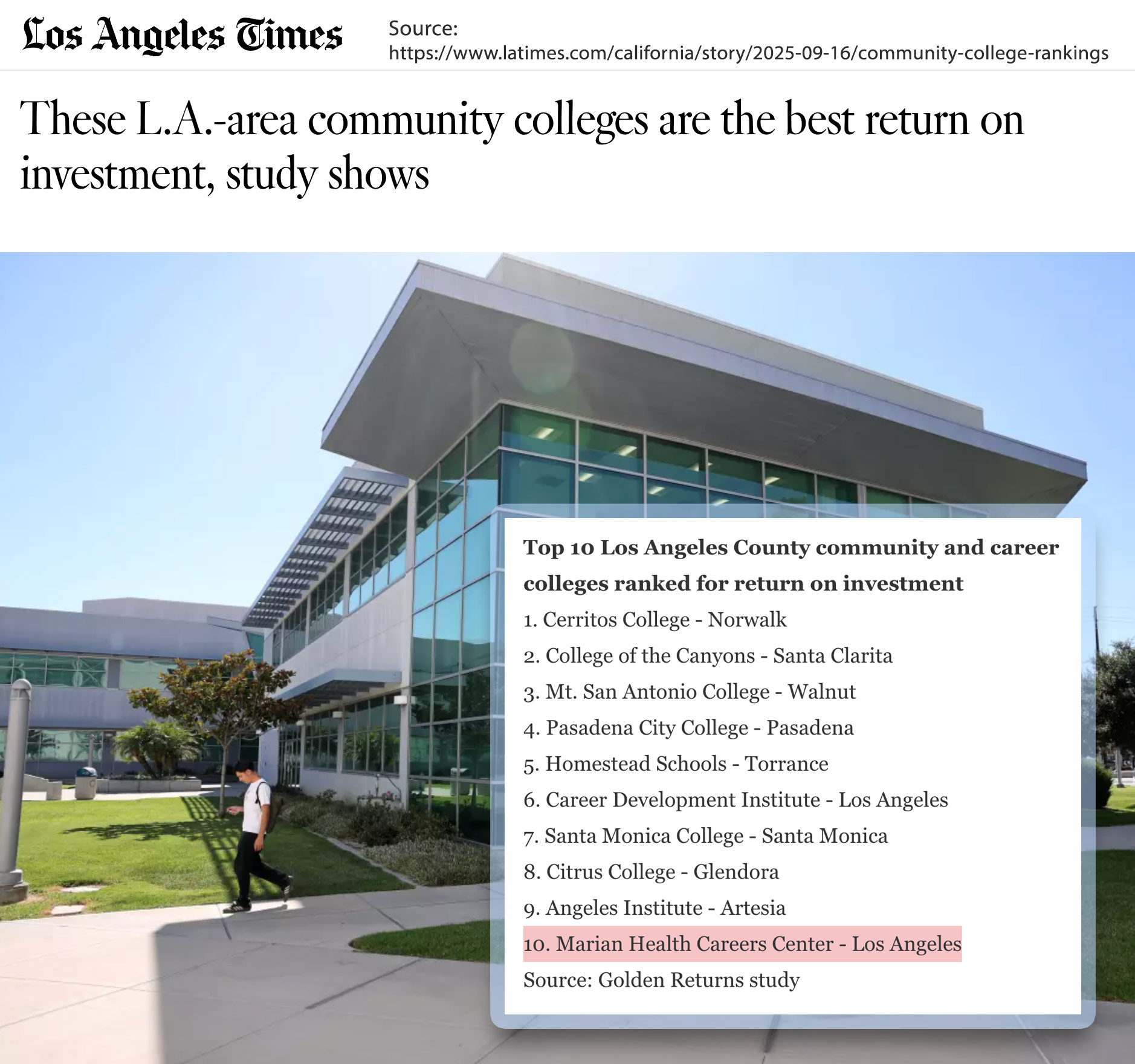 Marian College Named Top 10 in LA County for Return on Investment